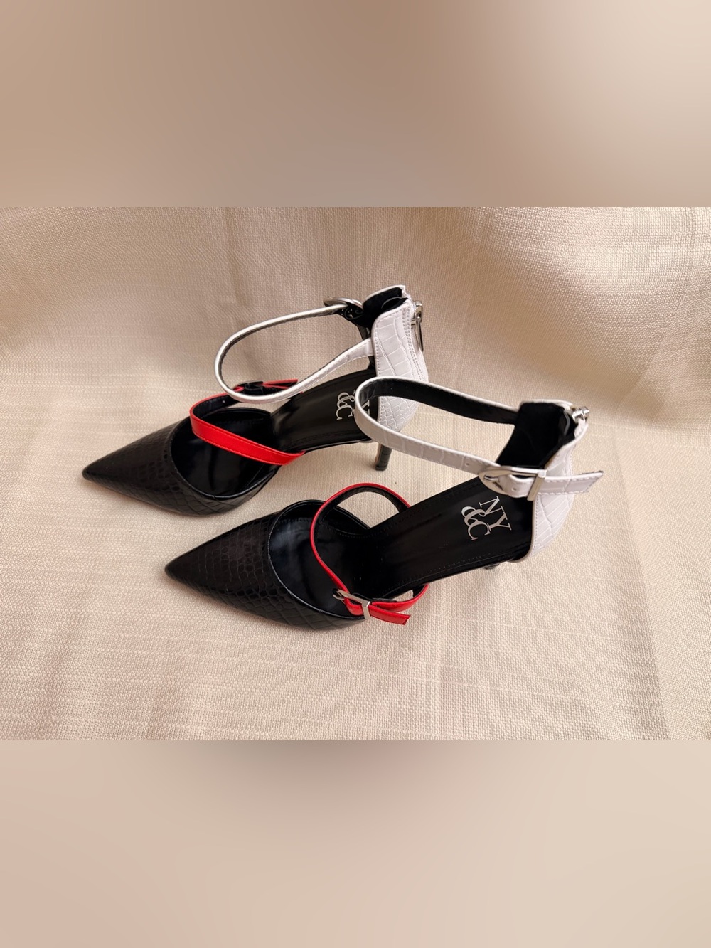 New York & Company Black Pointed Pump with White Ankle and Red Mid Strap - Picture 5 of 8
